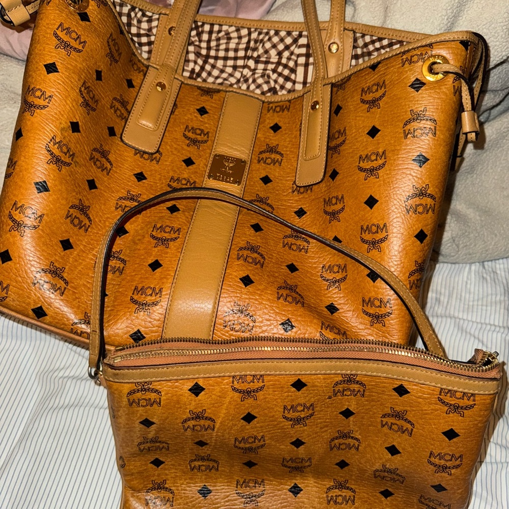 MCM Cognac Visetos Tote and Pouch Set